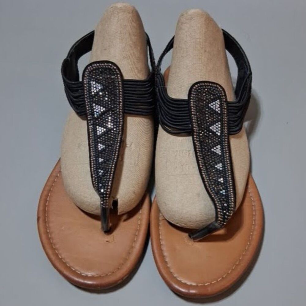 Palms Iliza Black Beaded Rhinestone Thong Sandals Boho Strappy Wedge Shoes 9.5M
